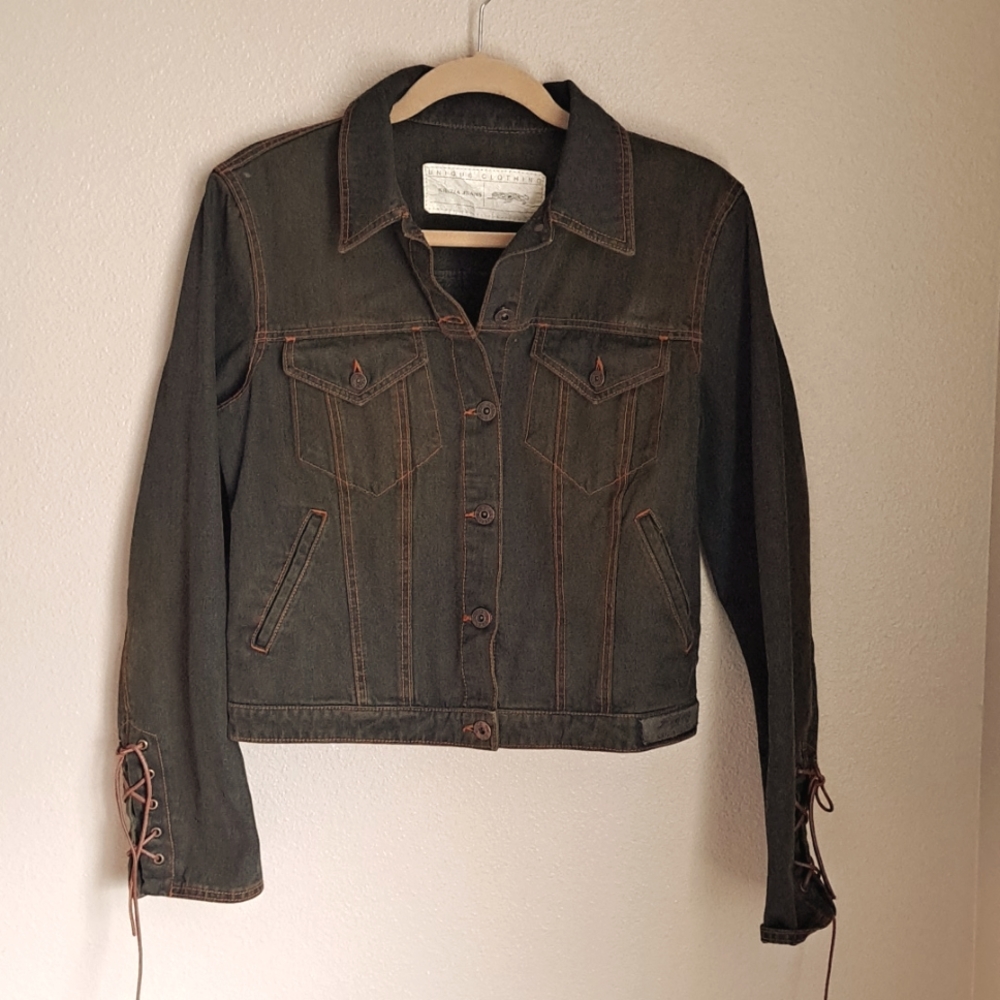 Women's Krizia Jeans Green Jean Jacket With leather Tie